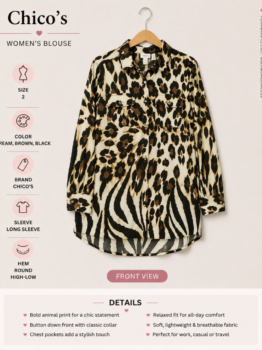 Chico's Women's Size 2 Animal Print  Button Down Shirt Blouse Cream Brown Black